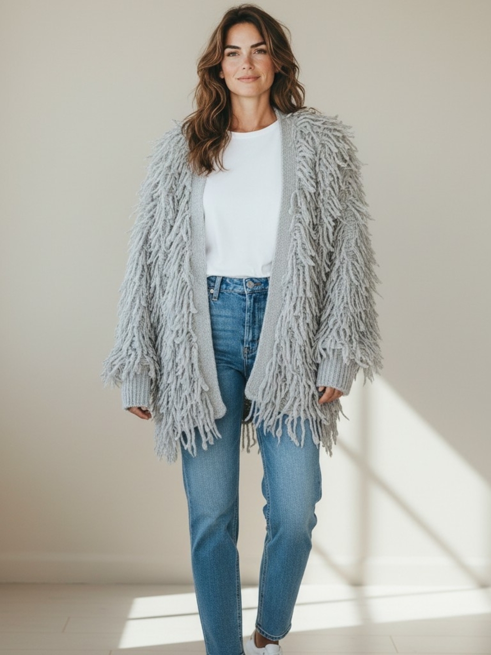 PRIMARK Cozy Fringe Open-Front Sweater Cardigan - Light Gray